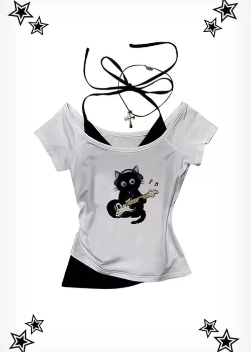 Beyaz Guitar Cat Madonna Yaka Ek Askılı Kısa Kollu Crop