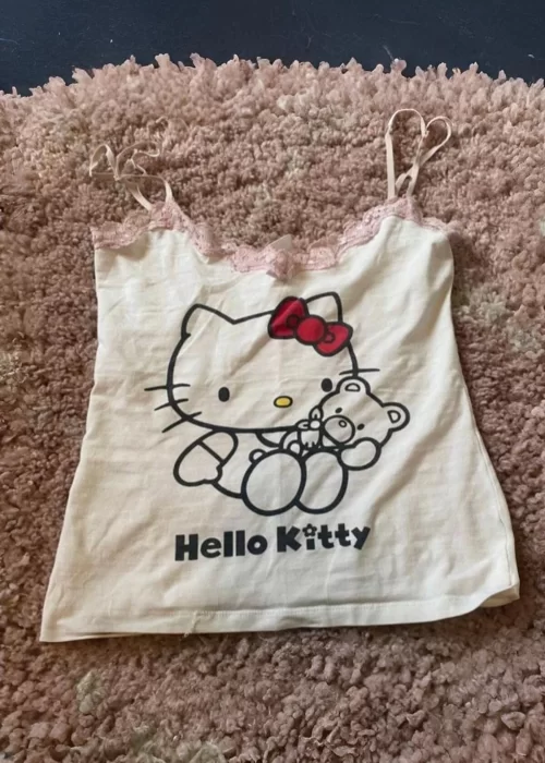 Beyaz Hello Kitty Bear Cub Y2K Askılı Crop
