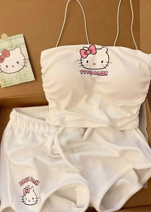 Beyaz Hello Kitty Crop Şort Alt Üst Takım