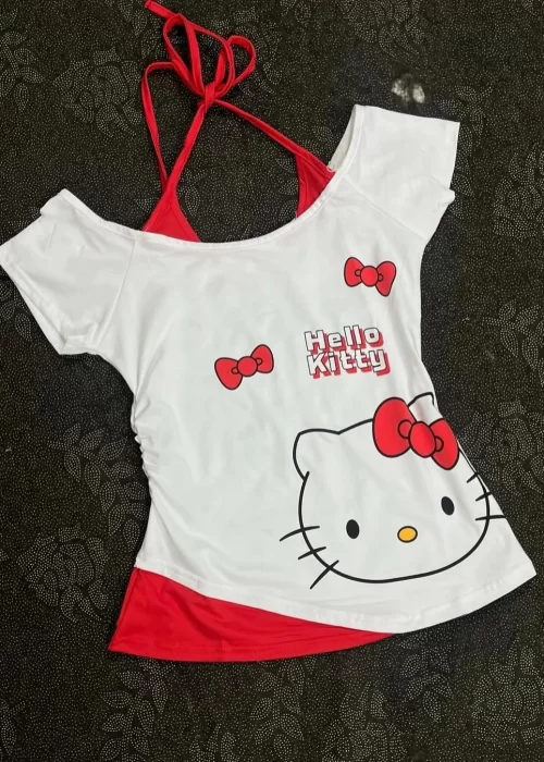 Beyaz Hello Kitty Ek Askılı Kısa Kollu Crop