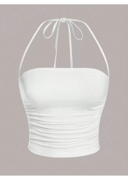 Beyaz Plise Halter Bağcıklı Yaka Kolsuz Tank Üst Crop