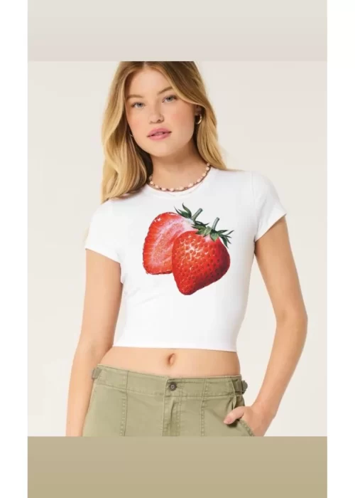 Beyaz Strawberry Baskılı Trend Baskılı Crop Top