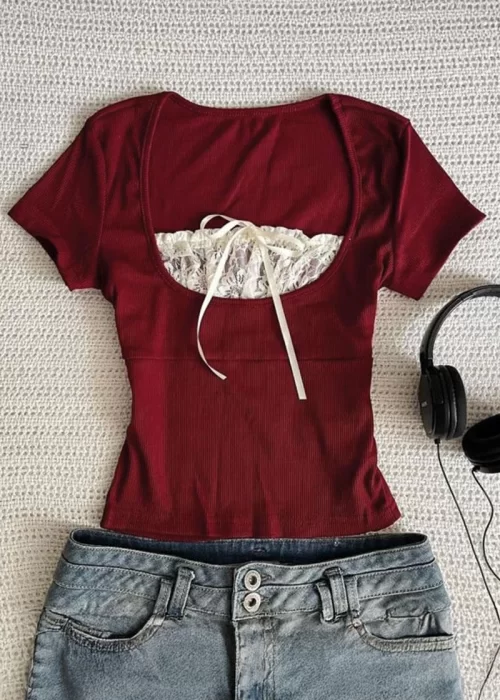 Bordo Dantel Yakalı Vintage Y2K Kısa Kollu Crop