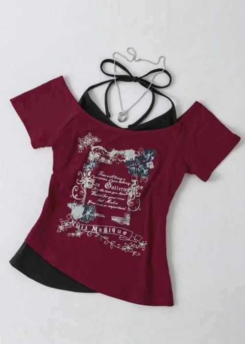 Bordo Nuit Magique Madonna Yaka Ek Askılı Kısa Kollu Full Body Crop