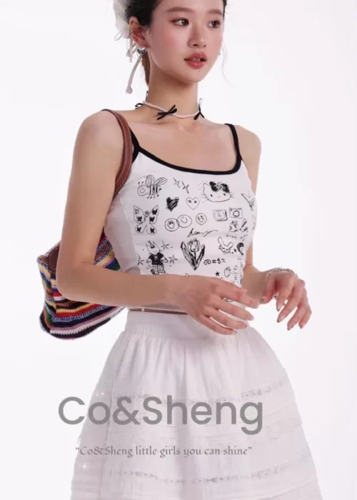Cute Hello Cat Askılı Siyah Crop
