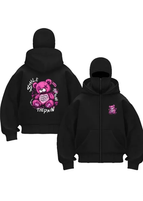 Gothic Bear Baskılı Kar Maskeli Ninja Unisex Sweatshirt Hırka