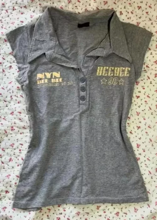Gri Melanj Nyn Bee Bee Düğmeli Yakalı Kısa Kollu Crop