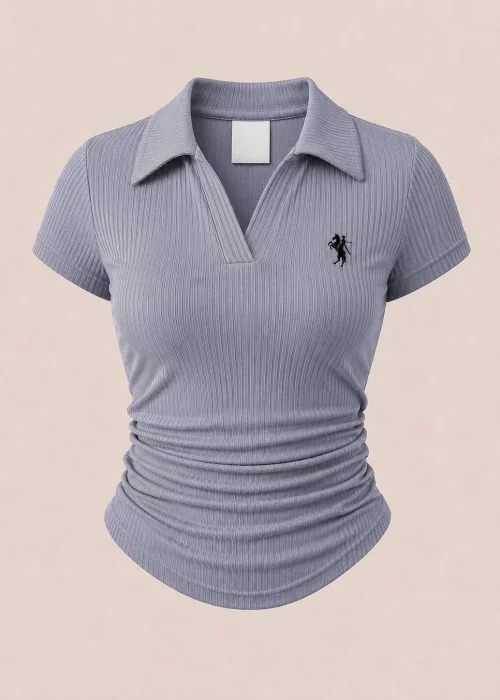 Gri Polo Yaka Fitilli Likralı Bluz