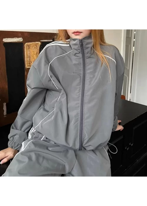 Gri Simetrik Şeritli Paraşüt Bomber Ceket