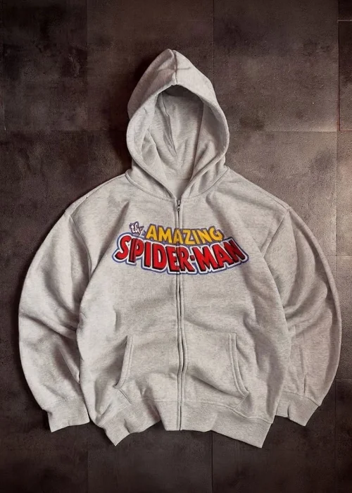 Gri SpiderMan Baskı Detaylı Oversize Unisex Ceket