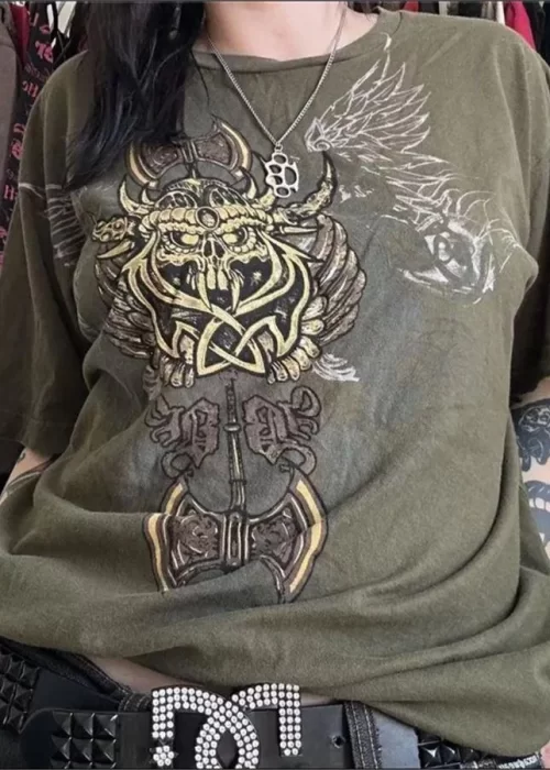 Haki Antique Viking Ax Brad Butter Cyber Grunge T-shirt