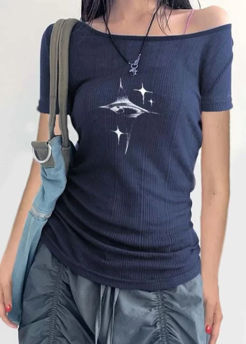 Lacivert Crystal Eye Madonna Yaka Kısa Kol T-shirt