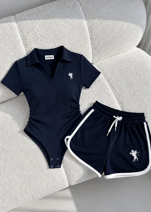 Lacivert Fit Polo Yaka Bodysuit Şort Takım