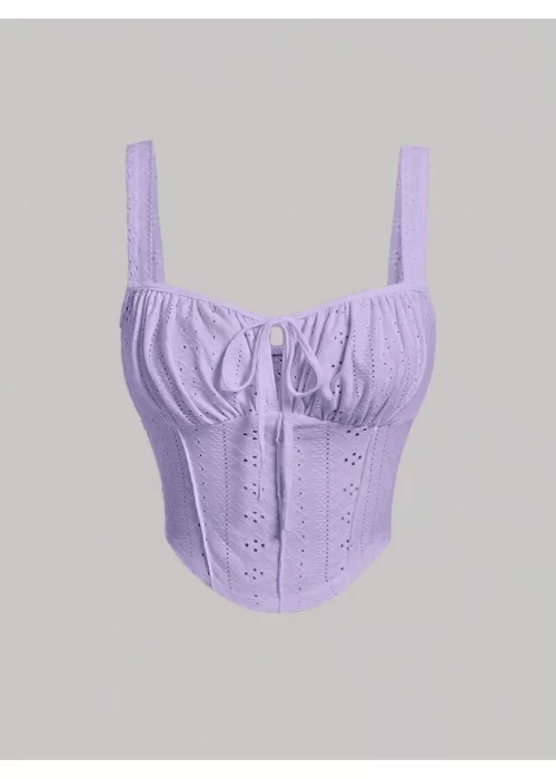 Lila Nakış Desenli göğüs Dekolteli Geniş Askılı Üst Crop