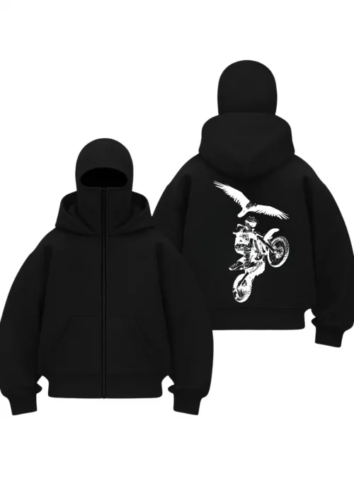 Motor Baskılı Siyah Samuray Kar Maske Sweatshirt Hırka