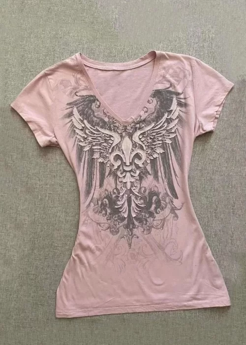 Pembe Gothic Wing Kısa Kollu Crop
