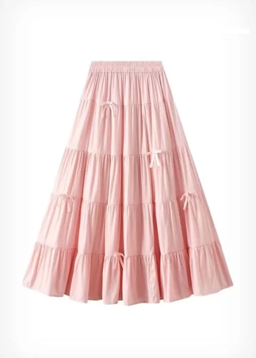 Pembe Katlamalı Kurdeleli Uzun Etek