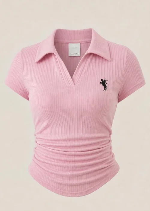 Pembe Polo Yaka Fitilli Likralı Bluz