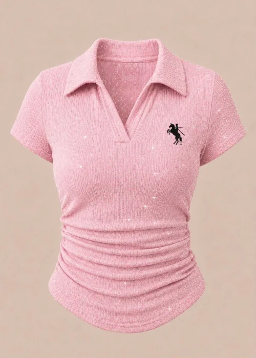 Pembe Simli Polo Yaka Büzgülü Bluz