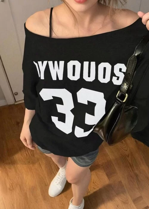 Siyah 33 Uuwdoys Düşük Omuz Kısa Kol T-shirt