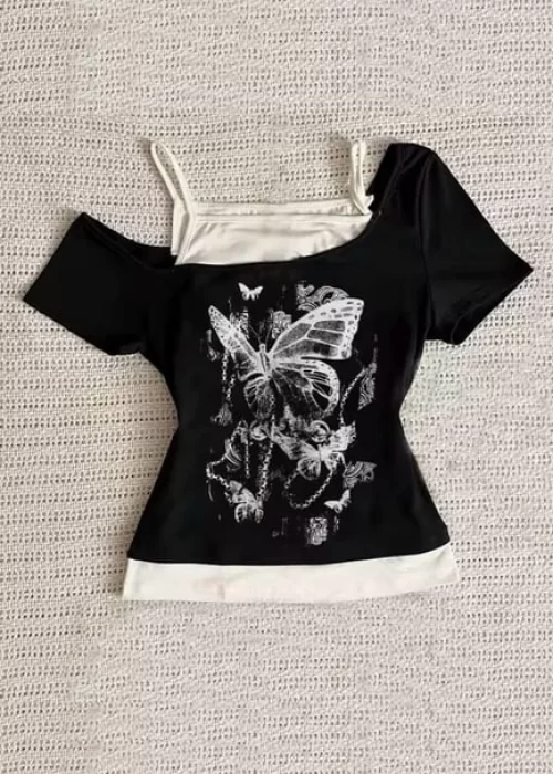 Siyah Butterflies Madonna Yaka Ek Askılı Kısa Kollu Full Body Crop