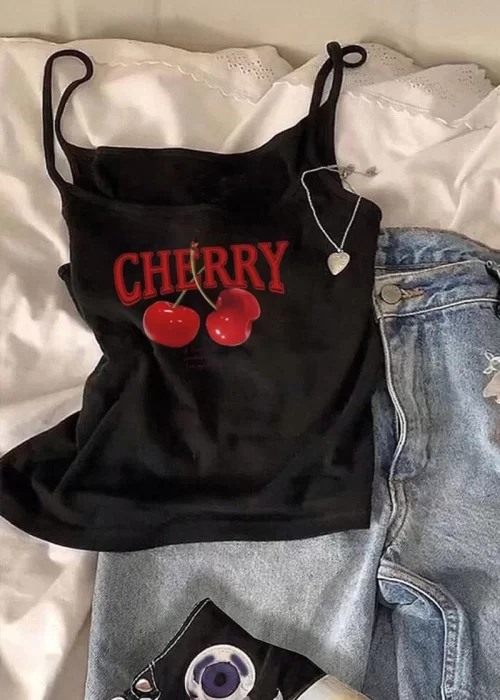 Siyah Cherry Y2K Askılı Crop