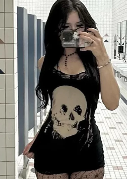 Siyah Gothic Skull Askılı Elbise