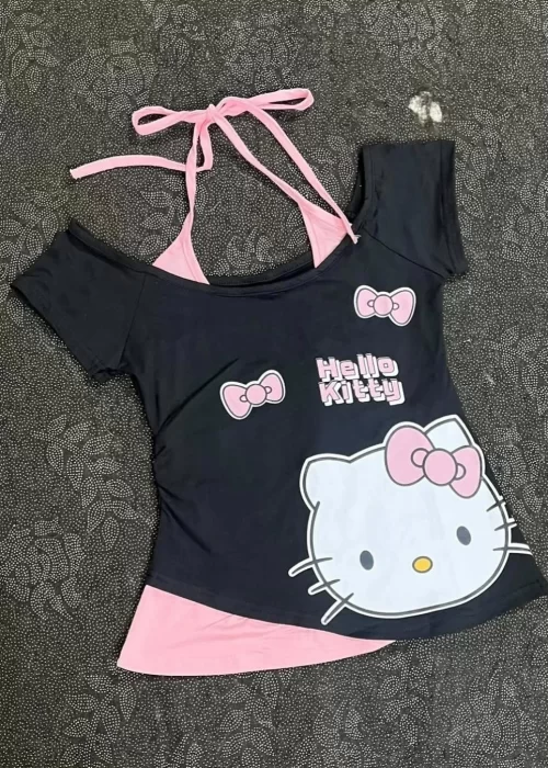 Siyah Hello Kitty Ek Askılı Kısa Kollu Crop