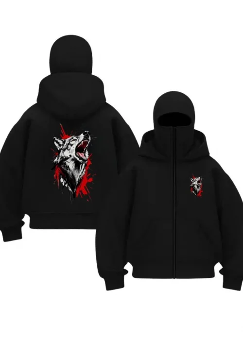 Siyah Howling Wolf Baskılı Kar Maskeli Unisex Sweatshirt Hırka