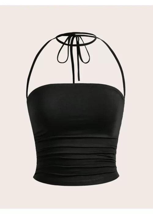 Siyah Plise Halter Bağcıklı Yaka Kolsuz Tank Üst Crop