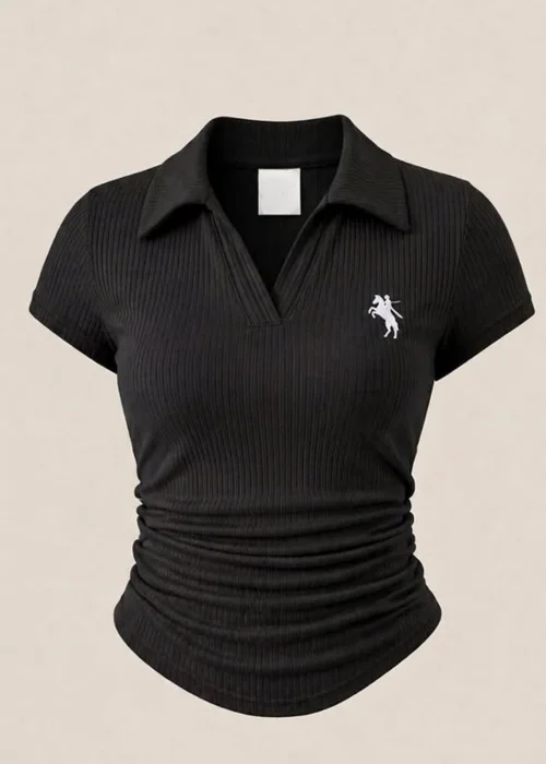 Siyah Polo Yaka Fitilli Likralı Bluz