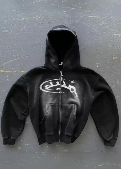 Siyah Vintage Graffiti Baskılı Kapüşonlu Sweatshirt
