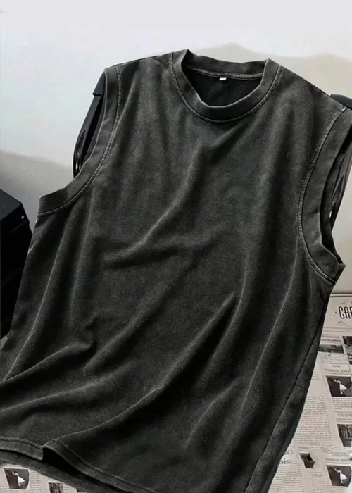 Siyah Yıkamalı Harajuku Kolsuz Unisex Kolsuz T-shirt
