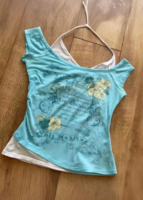 Turkuaz Nuit Magique Madonna Yaka Ek Askılı Kısa Kollu Full Body Crop