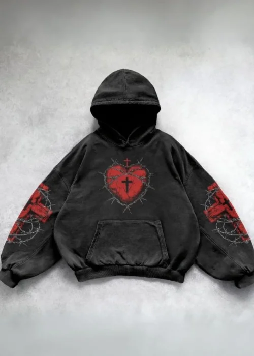 Yeni Siyah Gothic Barbed Wire Heart Cross Kapüşonlu Sweatshirt