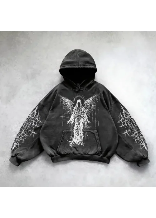 Yıkamalı Devil Winged Gothic Kapüşonlu Sweatshirt