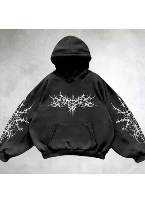 Yıkamalı White Gothic Vintage Kapüşonlu Sweatshirt