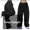 SİYAH BELİ LASTİKLİ ŞERİTLİ PARAŞÜT BAGGY PANTOLON