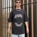 Taşlama Baskılı Siyah Oversize T-shirt