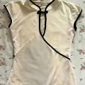 Ekru Mandarin Yaka Vintage Kısa Kollu Crop