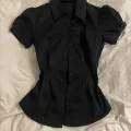 Siyah Vintage Mini Puff Sleeve Goth Y2K Kısa Kollu Gömlek