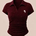 Bordo Simli Polo Yaka Büzgülü Bluz