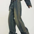 Eskitme Şerit Detaylı Mavi Baggy jean