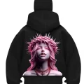 Kraliçe Pembe Baskılı Siyah Samuray Kar Maske Sweatshirt Hırka