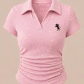 Pembe Simli Polo Yaka Büzgülü Bluz