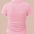 Pembe Simli Polo Yaka Büzgülü Bluz