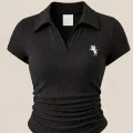 Siyah Polo Yaka Fitilli Likralı Bluz