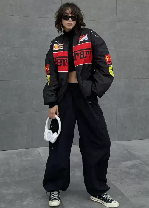 Siyah F1 Ferrari Racing Retro Unisex Bomber Ceket