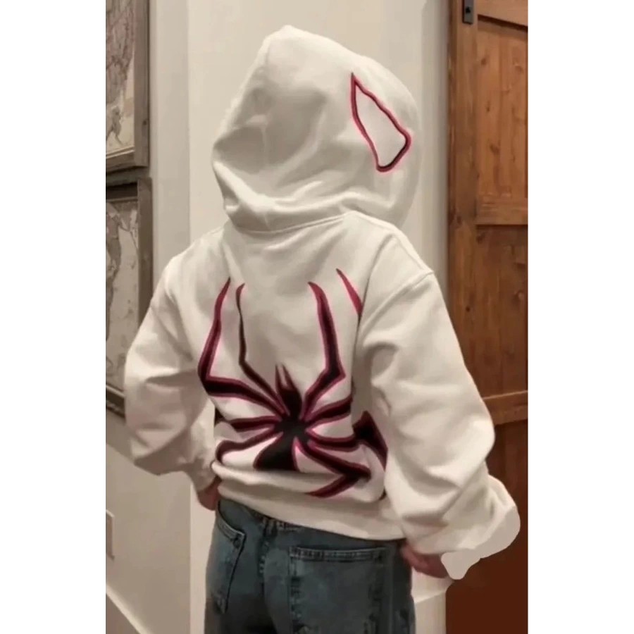 Spider-man Beyaz Örümcek Adam Maske Kapüşonlu Oversize Yumuşak Unisex Hoodie Hırka