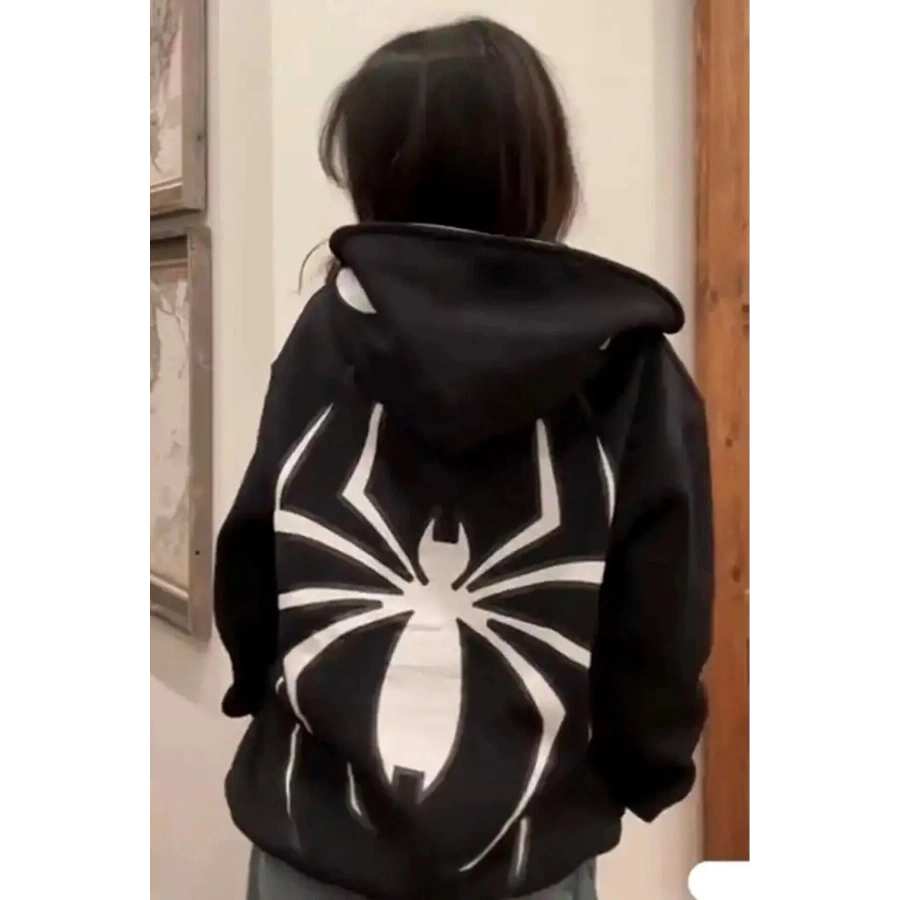 Spider-man Örümcek Adam Maske Kapüşonlu Oversize Yumuşak Siyah Unisex Hoodie Hırka